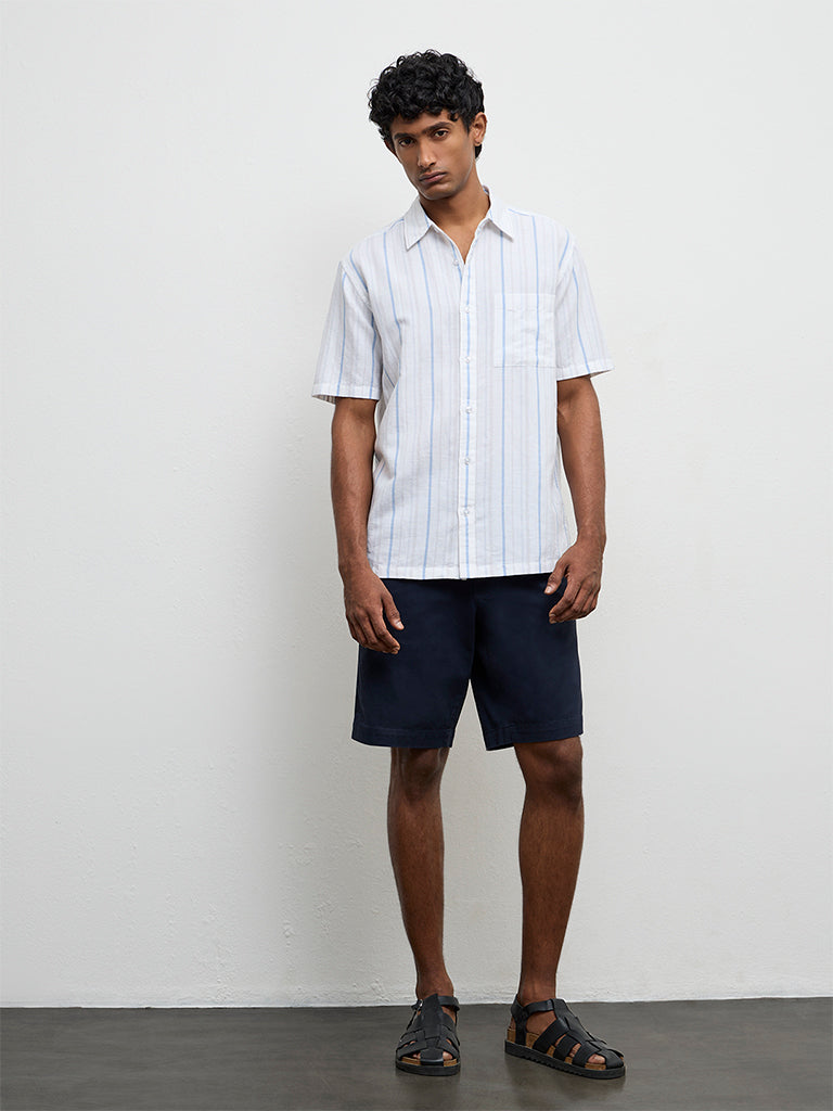WES Casuals White Striped Relaxed-Fit Cotton-Blend Shirt