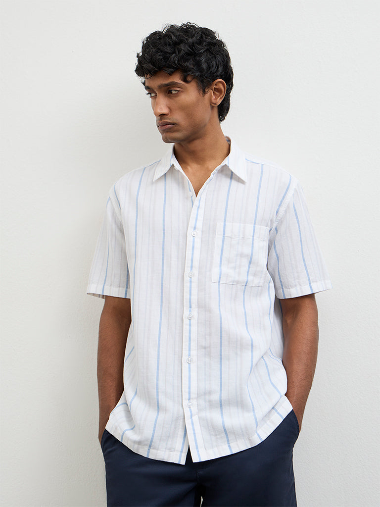 WES Casuals White Striped Relaxed-Fit Cotton-Blend Shirt