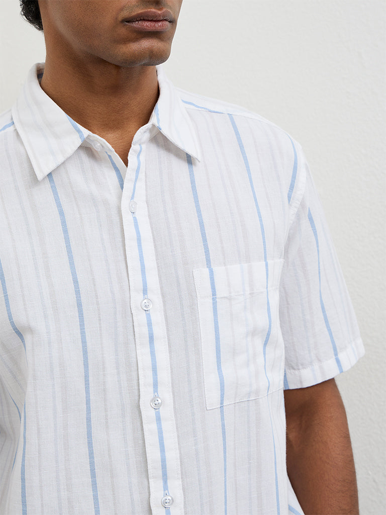 WES Casuals White Striped Relaxed-Fit Cotton-Blend Shirt
