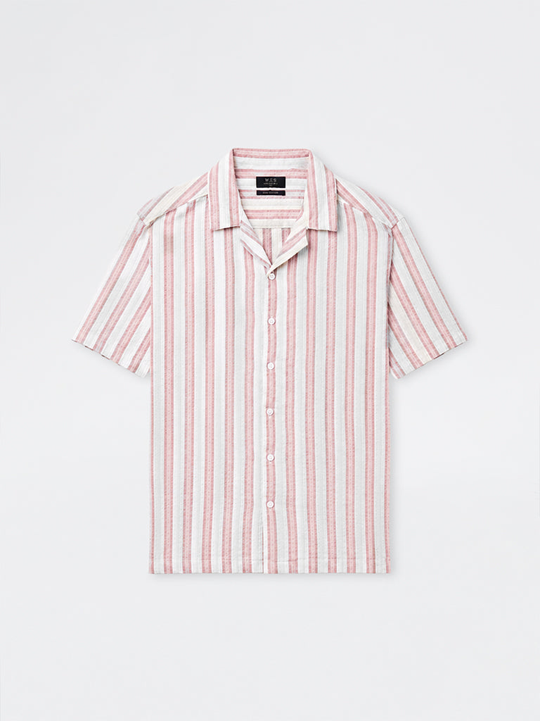 WES Casuals Dusty Pink Striped Relaxed-Fit Cotton Shirt