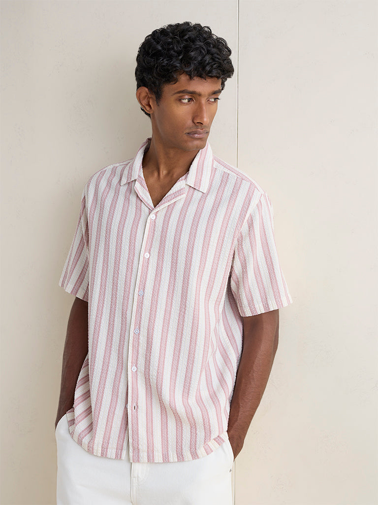 WES Casuals Dusty Pink Striped Relaxed-Fit Cotton Shirt