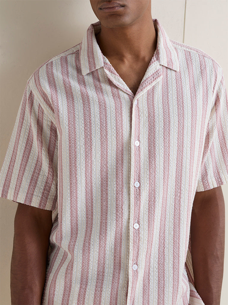 WES Casuals Dusty Pink Striped Relaxed-Fit Cotton Shirt