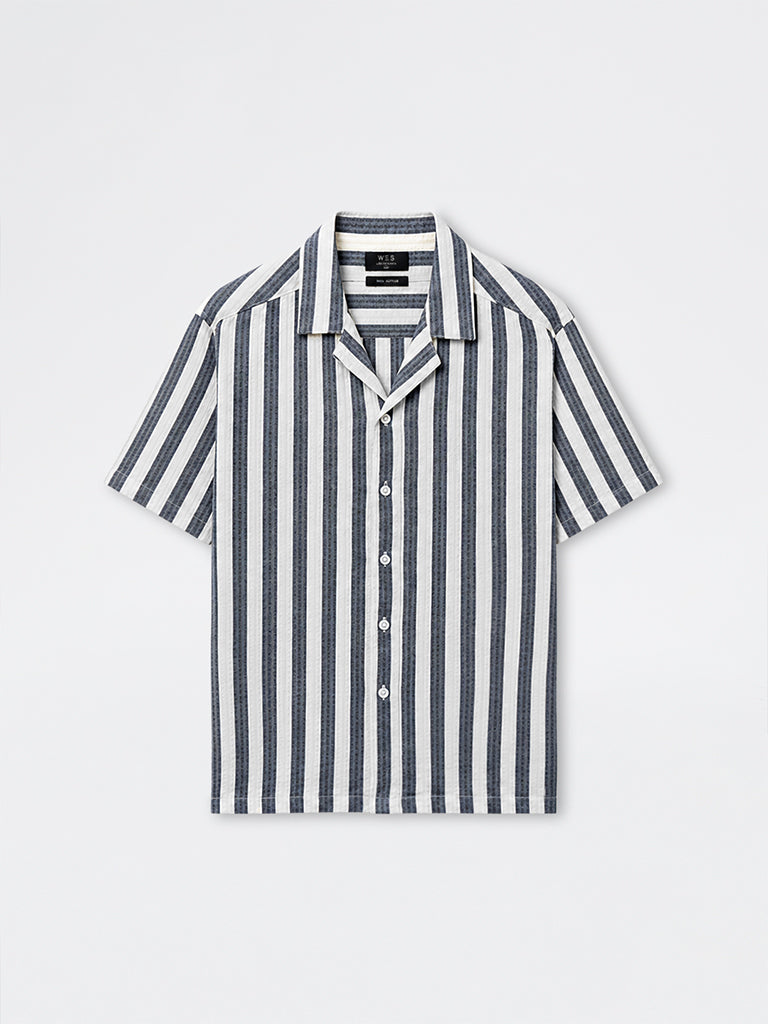 WES Casuals Navy Striped Relaxed-Fit Cotton Shirt