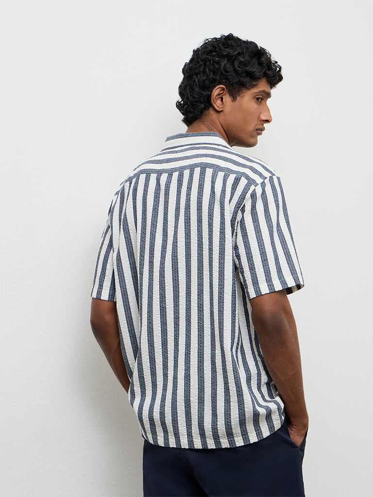 WES Casuals Navy Striped Relaxed-Fit Cotton Shirt
