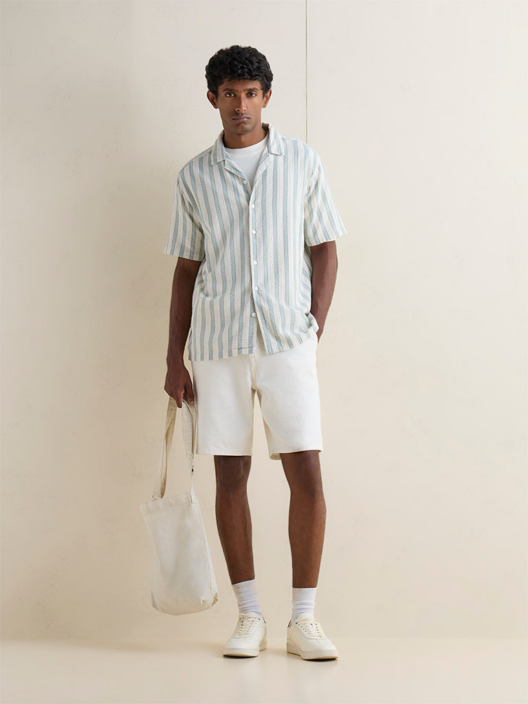 WES Casuals Light Sage Striped Relaxed-Fit Cotton Shirt