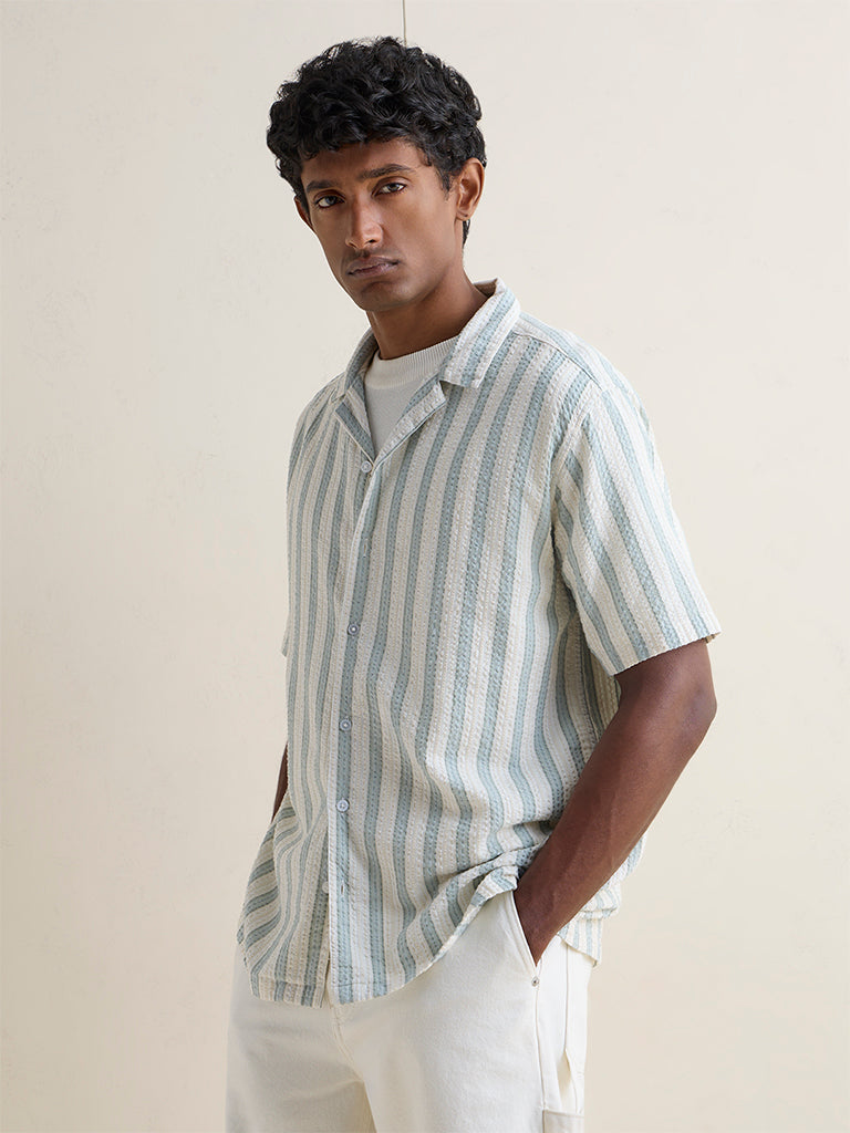WES Casuals Light Sage Striped Relaxed-Fit Cotton Shirt