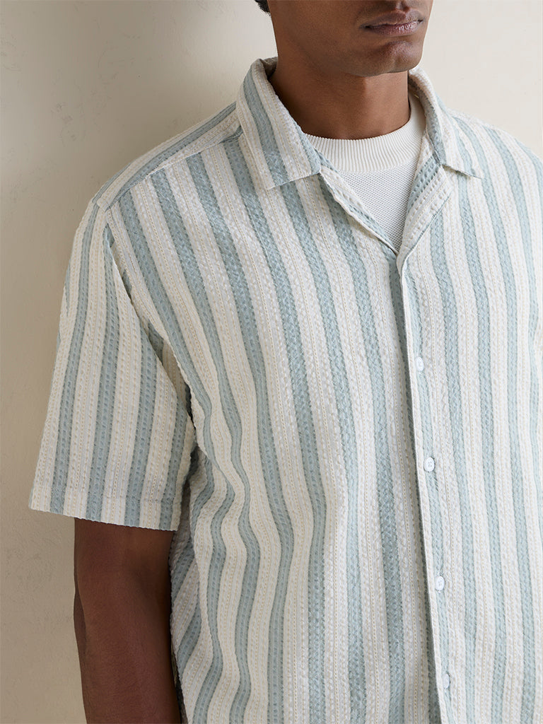 WES Casuals Light Sage Striped Relaxed-Fit Cotton Shirt