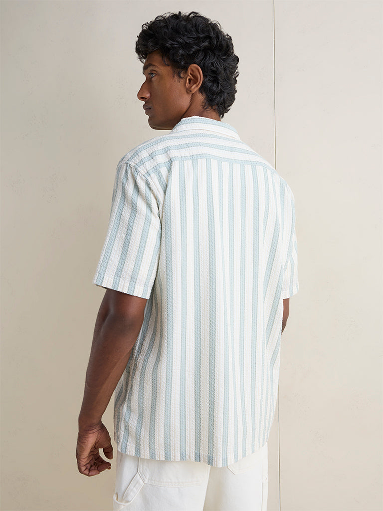 WES Casuals Light Sage Striped Relaxed-Fit Cotton Shirt