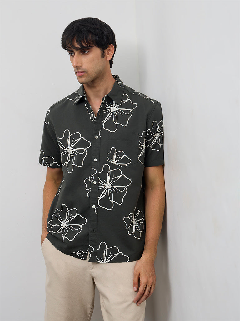 WES Casuals Dark Green Floral Pattern Relaxed-Fit Cotton-Blend Shirt