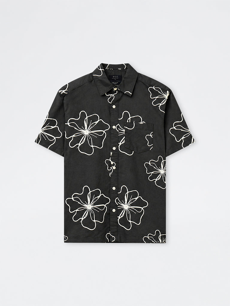 WES Casuals Dark Green Floral Pattern Relaxed-Fit Cotton-Blend Shirt