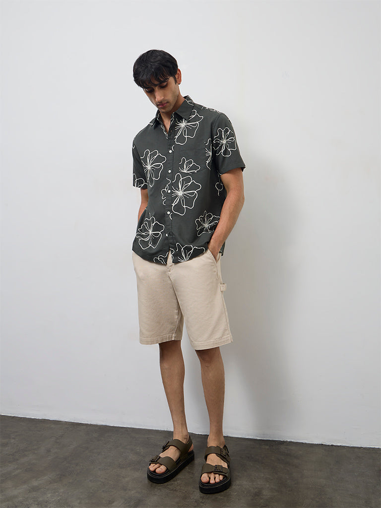 WES Casuals Dark Green Floral Pattern Relaxed-Fit Cotton-Blend Shirt