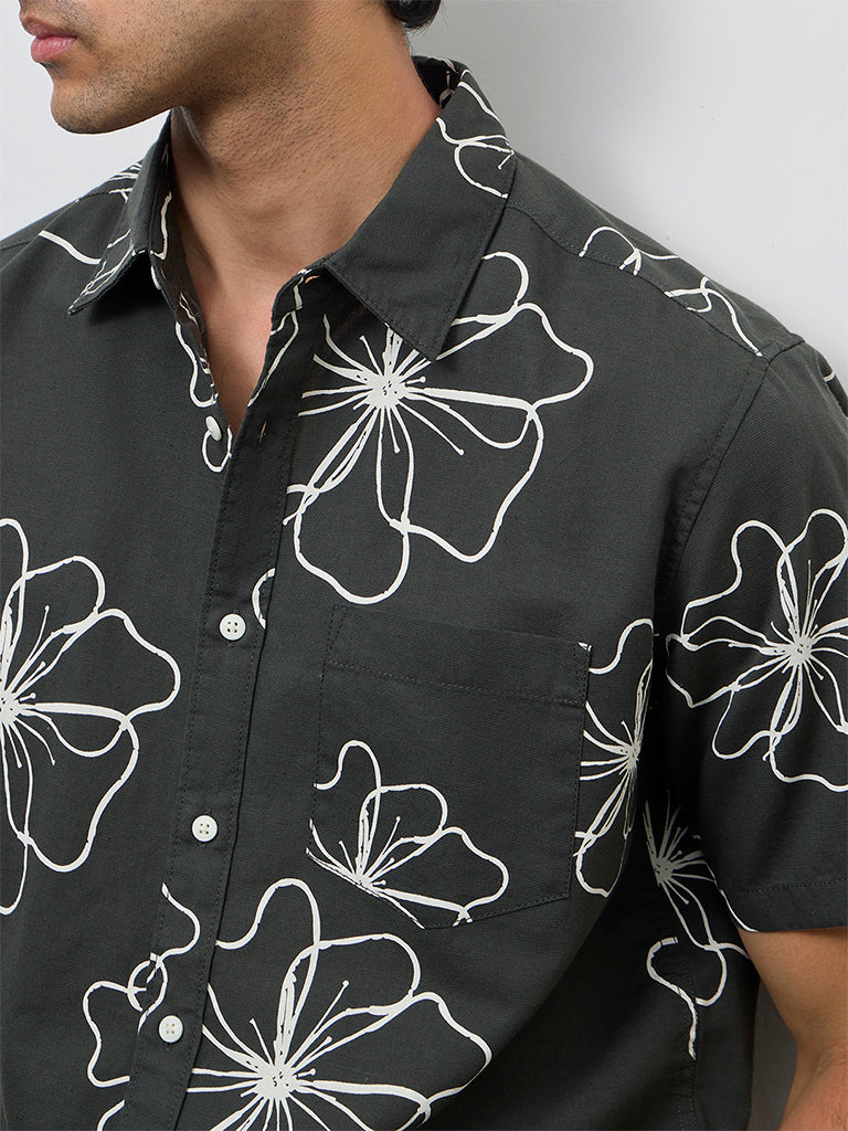 WES Casuals Dark Green Floral Pattern Relaxed-Fit Cotton-Blend Shirt