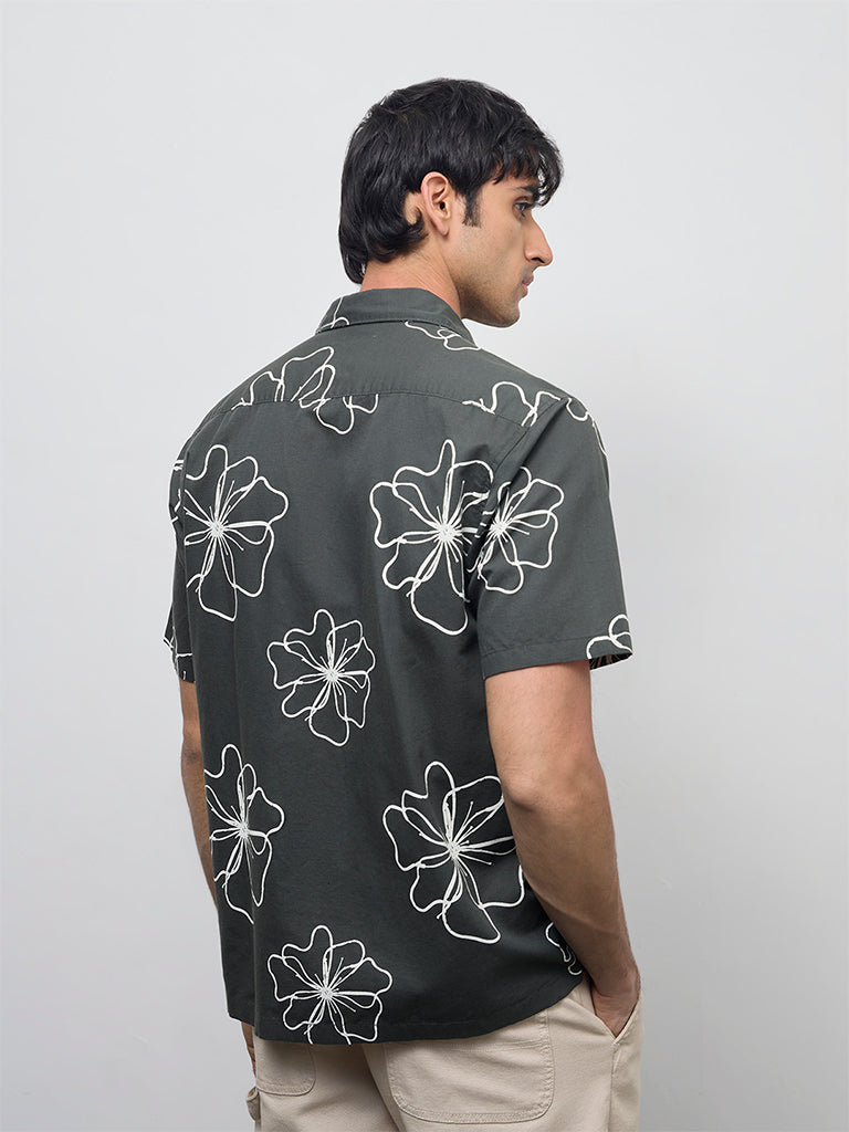 WES Casuals Dark Green Floral Pattern Relaxed-Fit Cotton-Blend Shirt