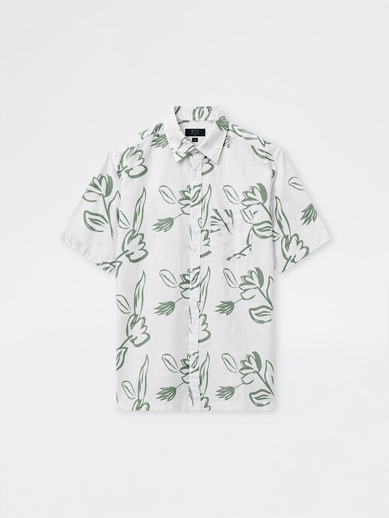 WES Casuals White Printed Relaxed-Fit Cotton-Blend Shirt