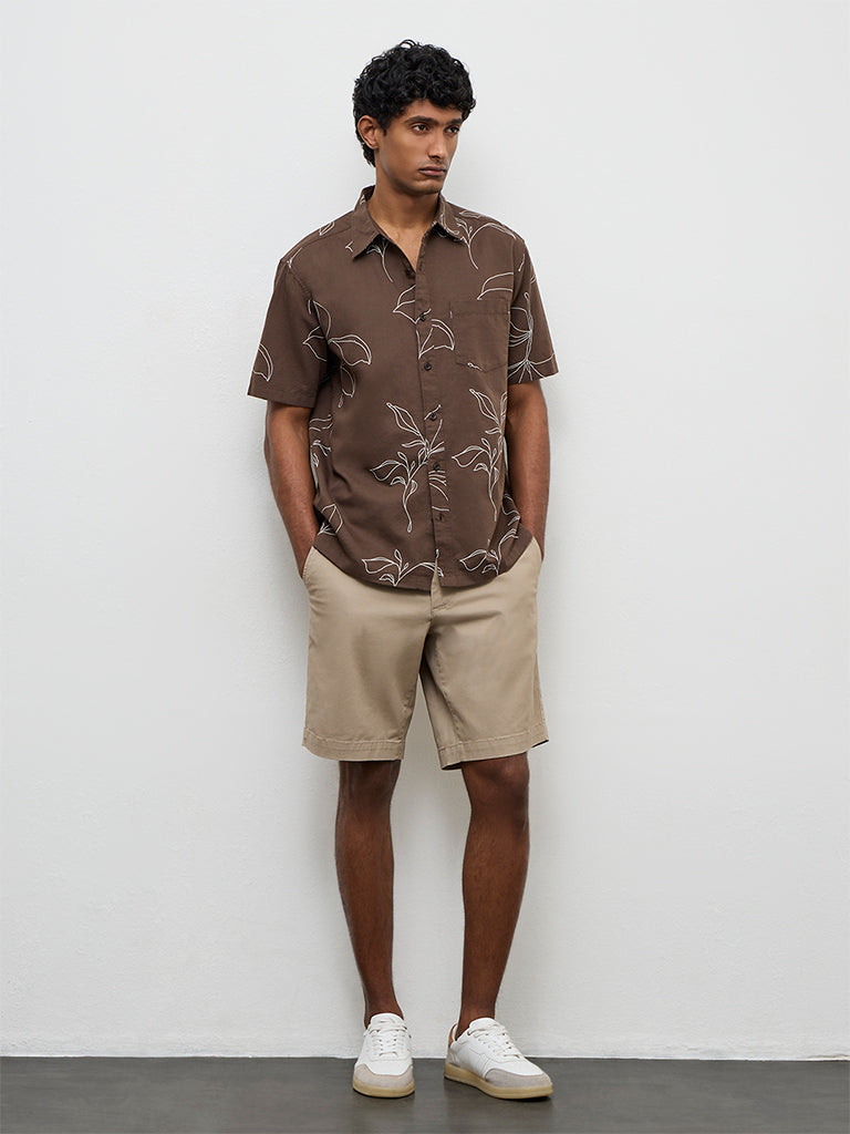 WES Casuals Brown Botanical Printed Relaxed-Fit Cotton-Blend Shirt