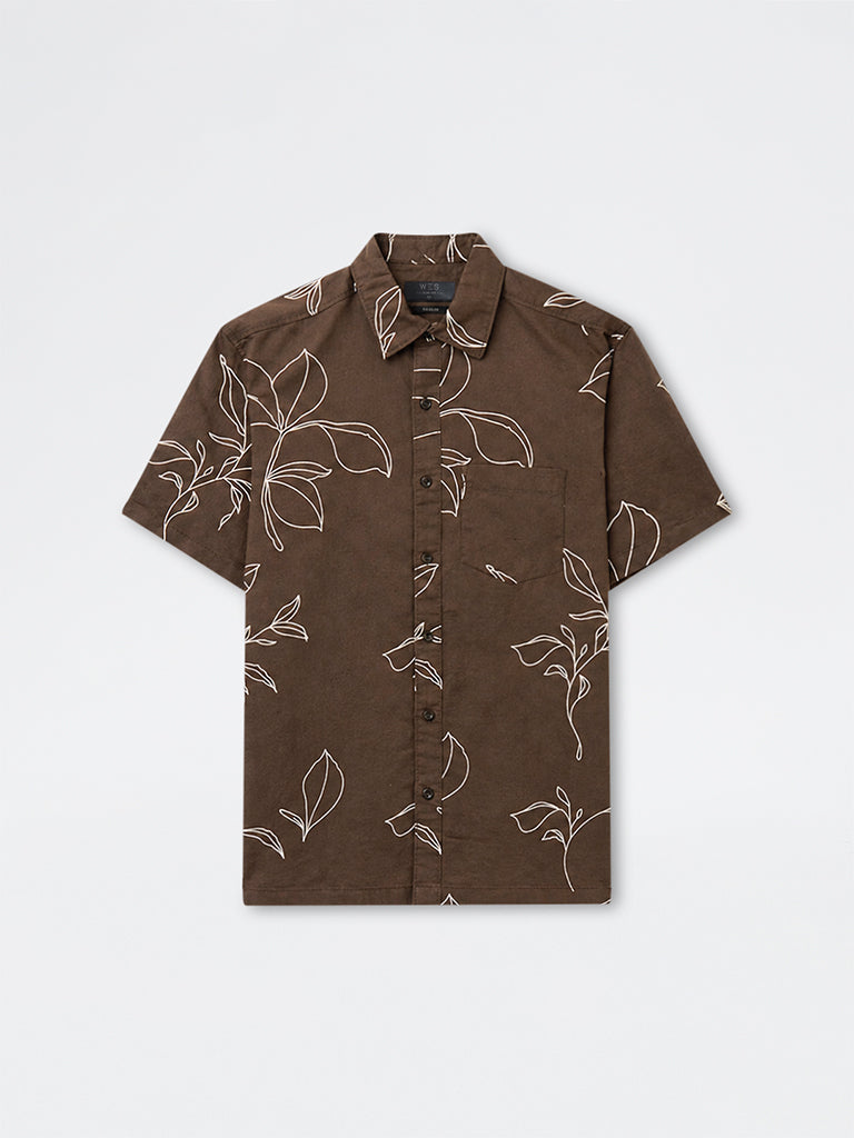 WES Casuals Brown Botanical Printed Relaxed-Fit Cotton-Blend Shirt