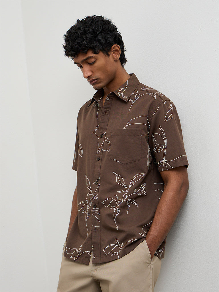 WES Casuals Brown Botanical Printed Relaxed-Fit Cotton-Blend Shirt