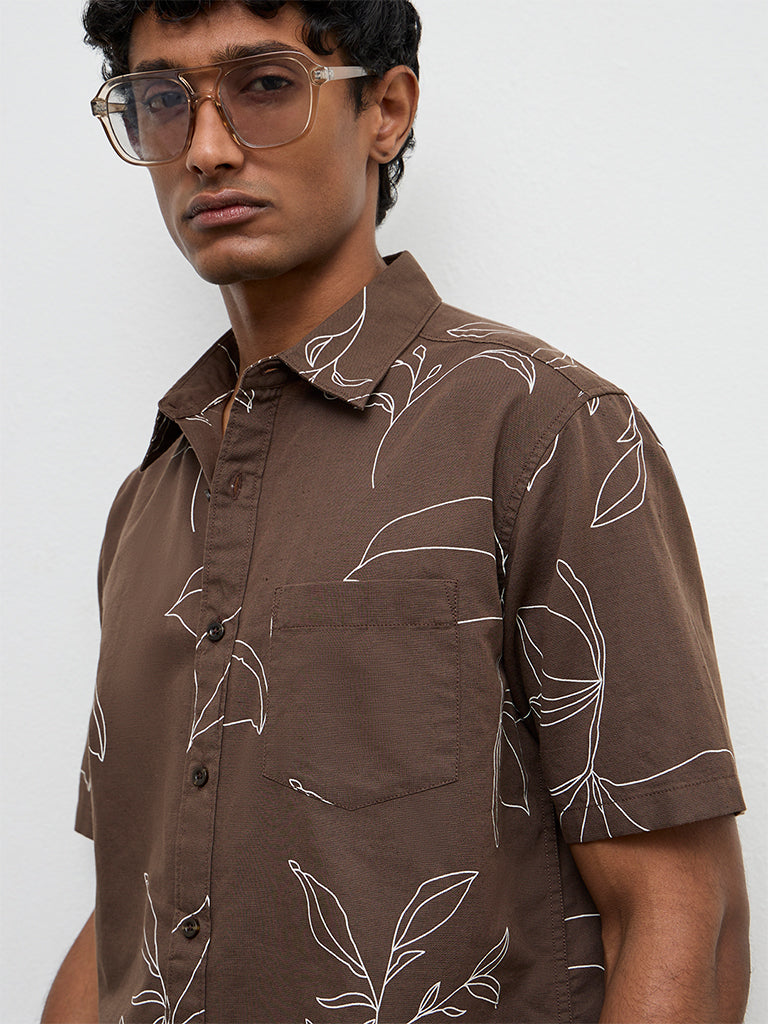 WES Casuals Brown Botanical Printed Relaxed-Fit Cotton-Blend Shirt