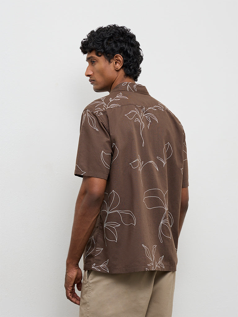 WES Casuals Brown Botanical Printed Relaxed-Fit Cotton-Blend Shirt