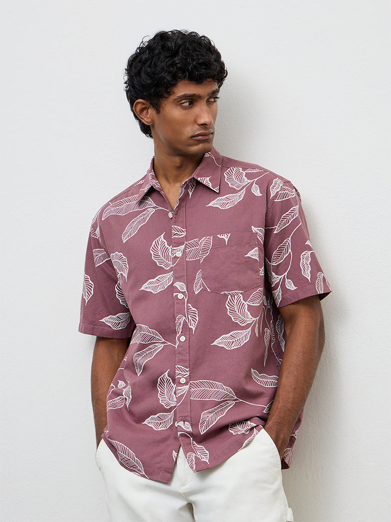 WES Casuals Dusty Pink Printed Relaxed-Fit Cotton-Blend Shirt