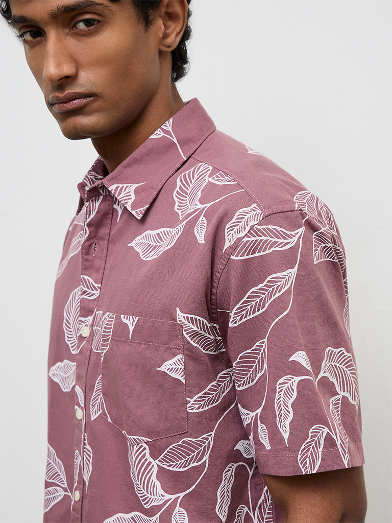 WES Casuals Dusty Pink Printed Relaxed-Fit Cotton-Blend Shirt