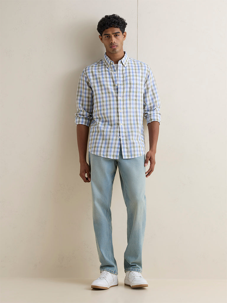 WES Casuals Olive Checkered Relaxed-Fit Cotton-Blend Shirt