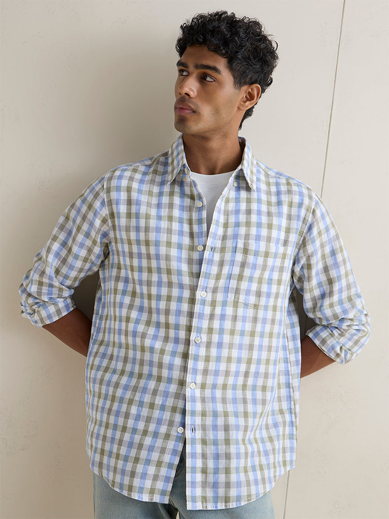 WES Casuals Olive Checkered Relaxed-Fit Cotton-Blend Shirt