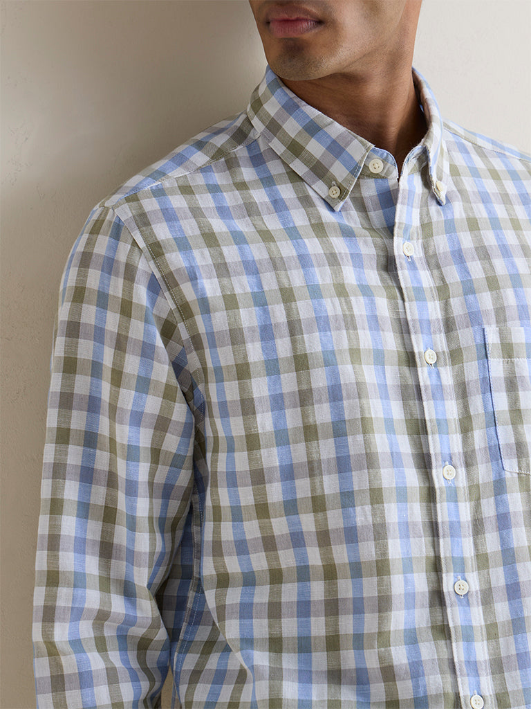 WES Casuals Olive Checkered Relaxed-Fit Cotton-Blend Shirt