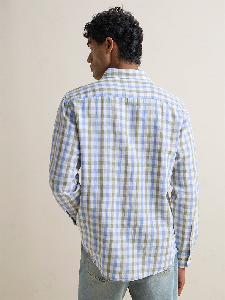 WES Casuals Olive Checkered Relaxed-Fit Cotton-Blend Shirt