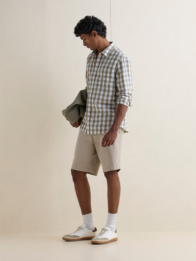 WES Casuals Olive Checkered Relaxed-Fit Cotton-Blend Shirt