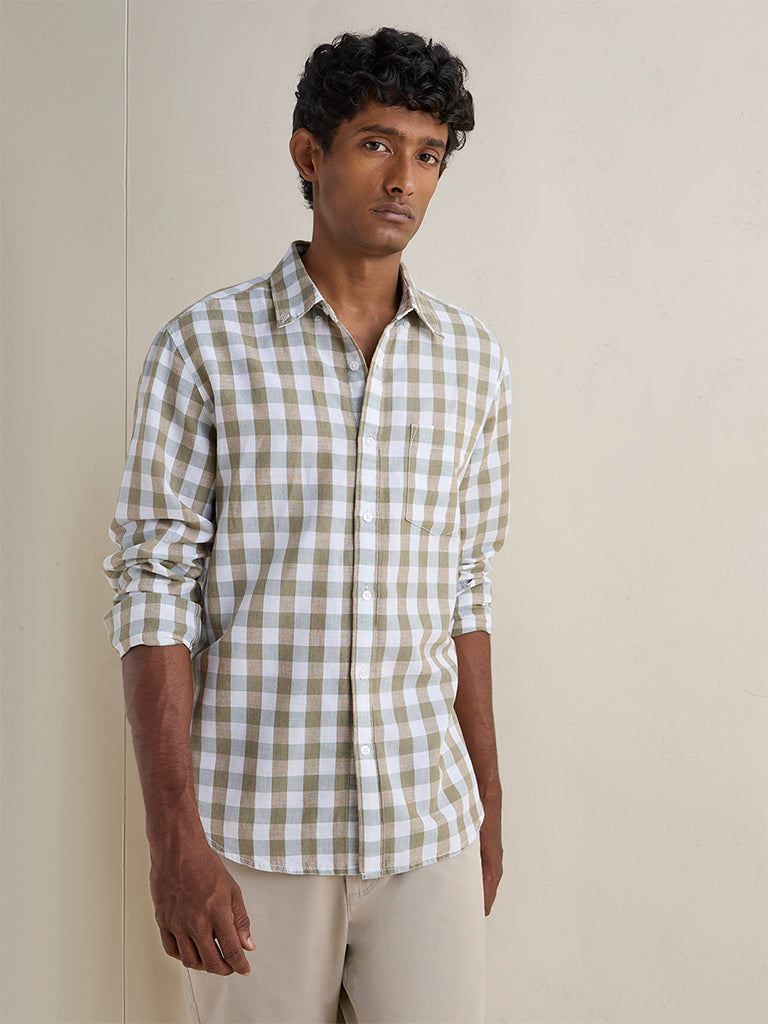WES Casuals Olive Checkered Relaxed-Fit Cotton-Blend Shirt