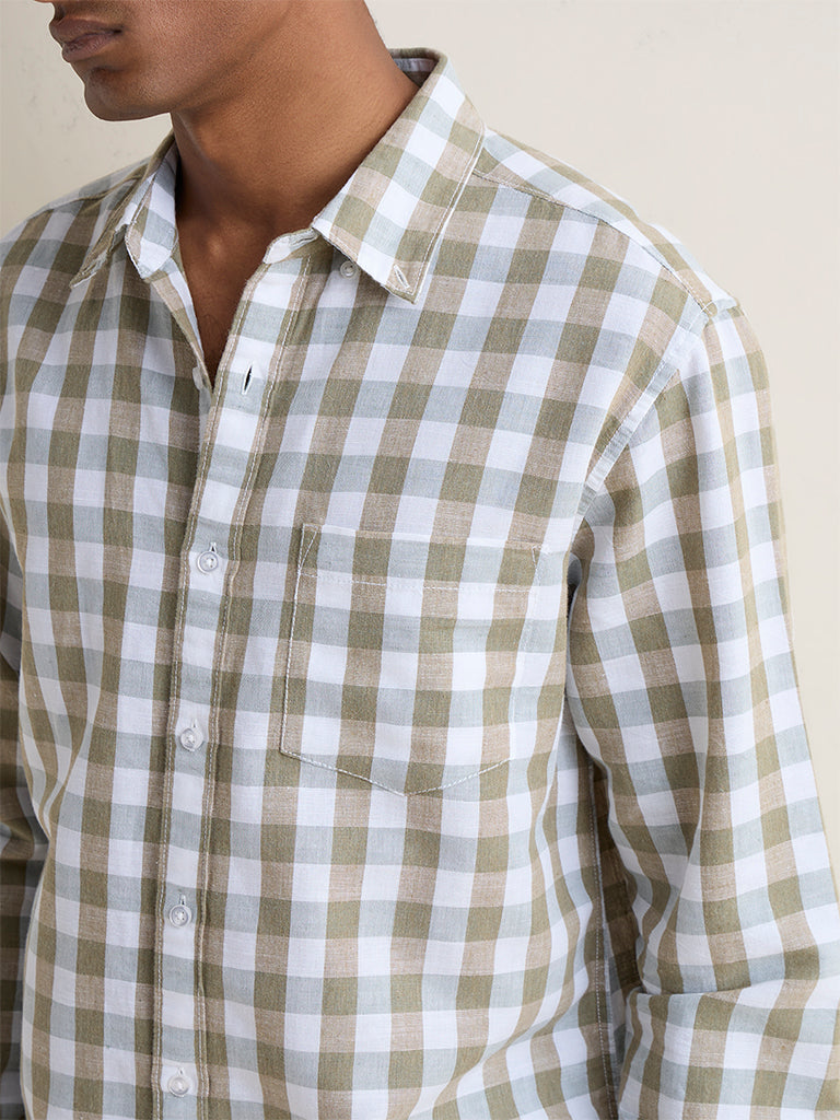 WES Casuals Olive Checkered Relaxed-Fit Cotton-Blend Shirt