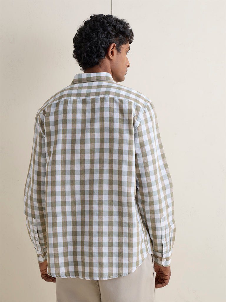 WES Casuals Olive Checkered Relaxed-Fit Cotton-Blend Shirt