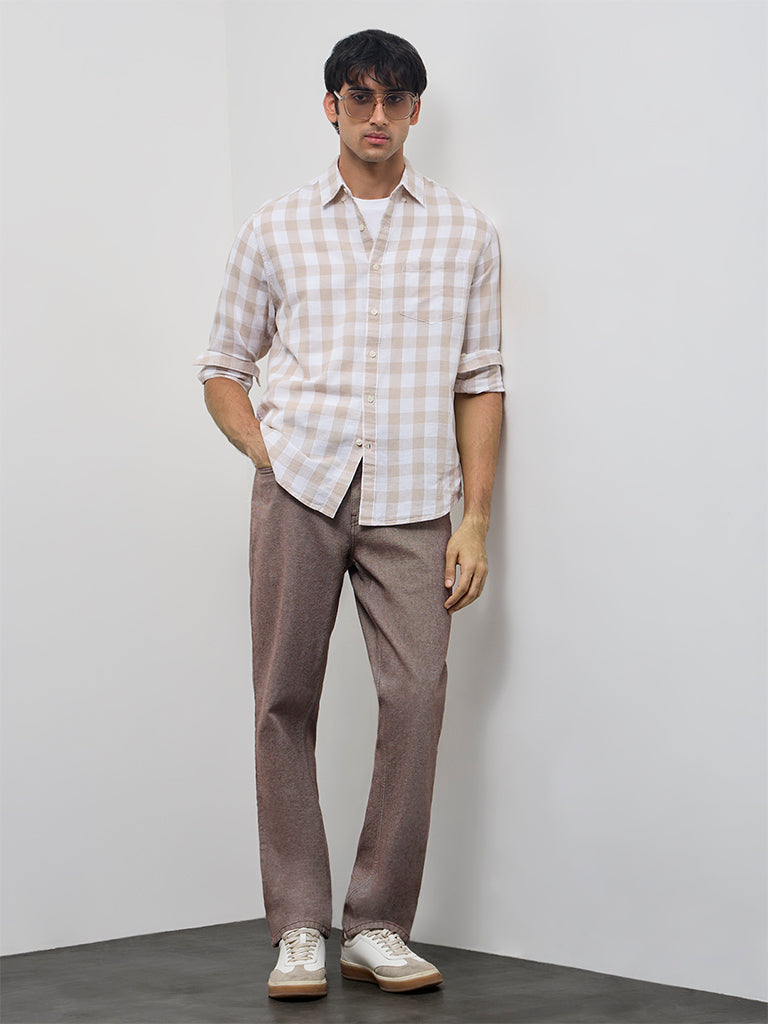 WES Casuals Beige Checks Relaxed-Fit Cotton-Blend Shirt