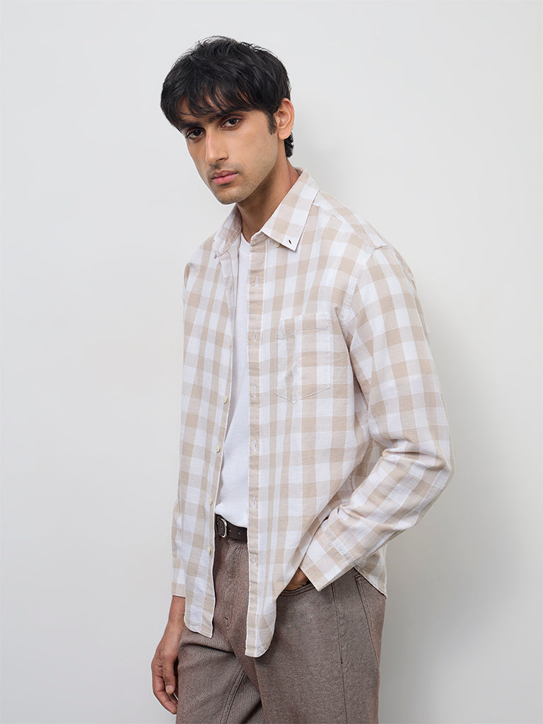 WES Casuals Beige Checks Relaxed-Fit Cotton-Blend Shirt