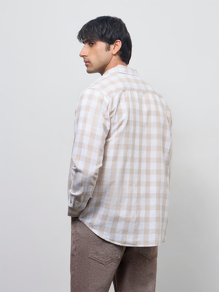WES Casuals Beige Checks Relaxed-Fit Cotton-Blend Shirt
