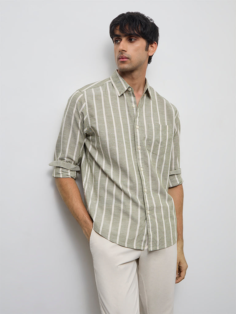 WES Casuals Olive Striped Relaxed-Fit Cotton-Blend Shirt