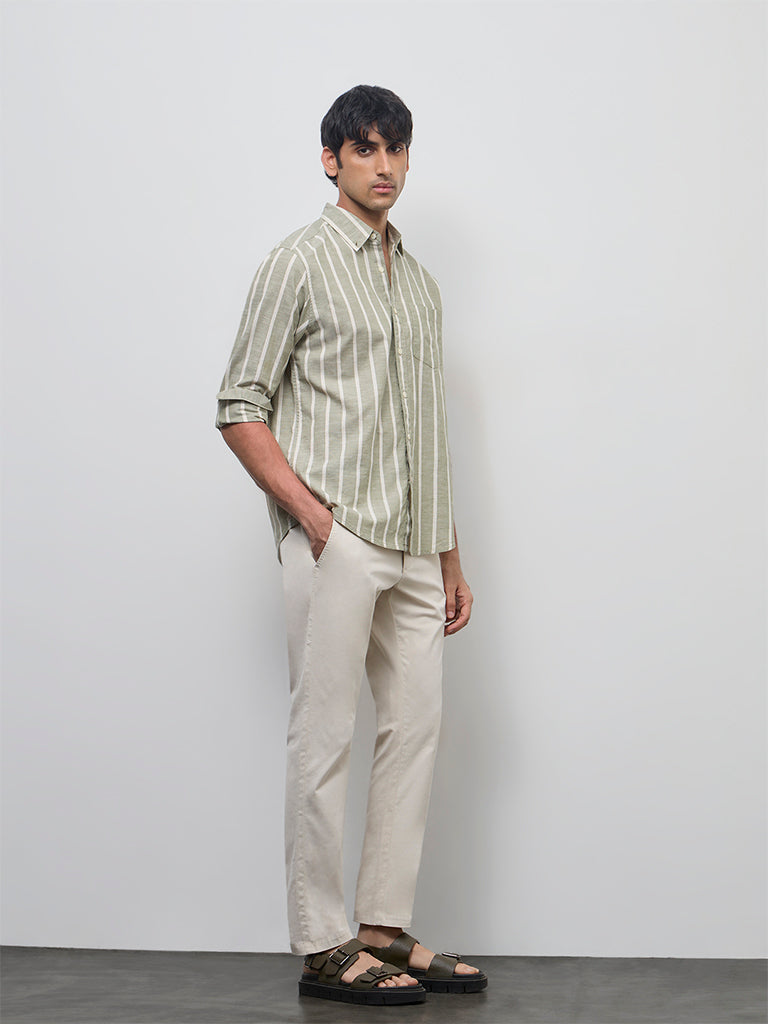 WES Casuals Olive Striped Relaxed-Fit Cotton-Blend Shirt