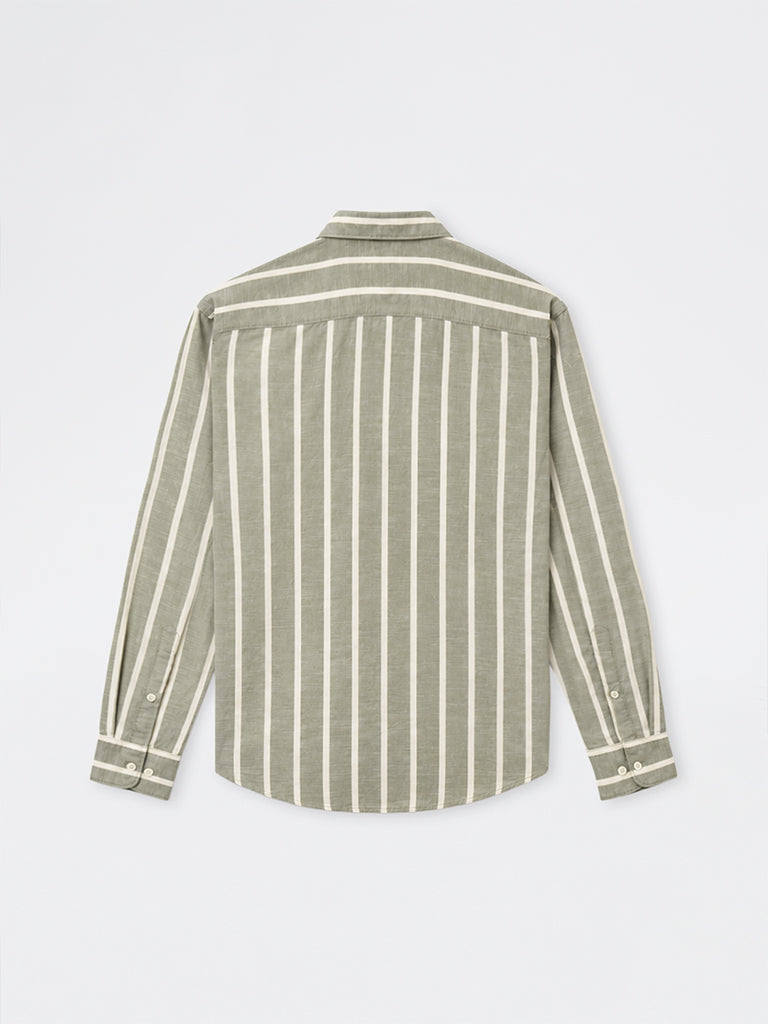 WES Casuals Olive Striped Relaxed-Fit Cotton-Blend Shirt