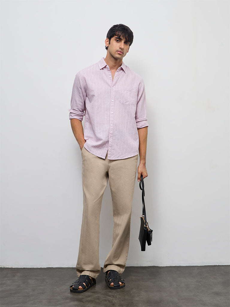 WES Casuals Pink Striped Relaxed-Fit Cotton-Blend Shirt
