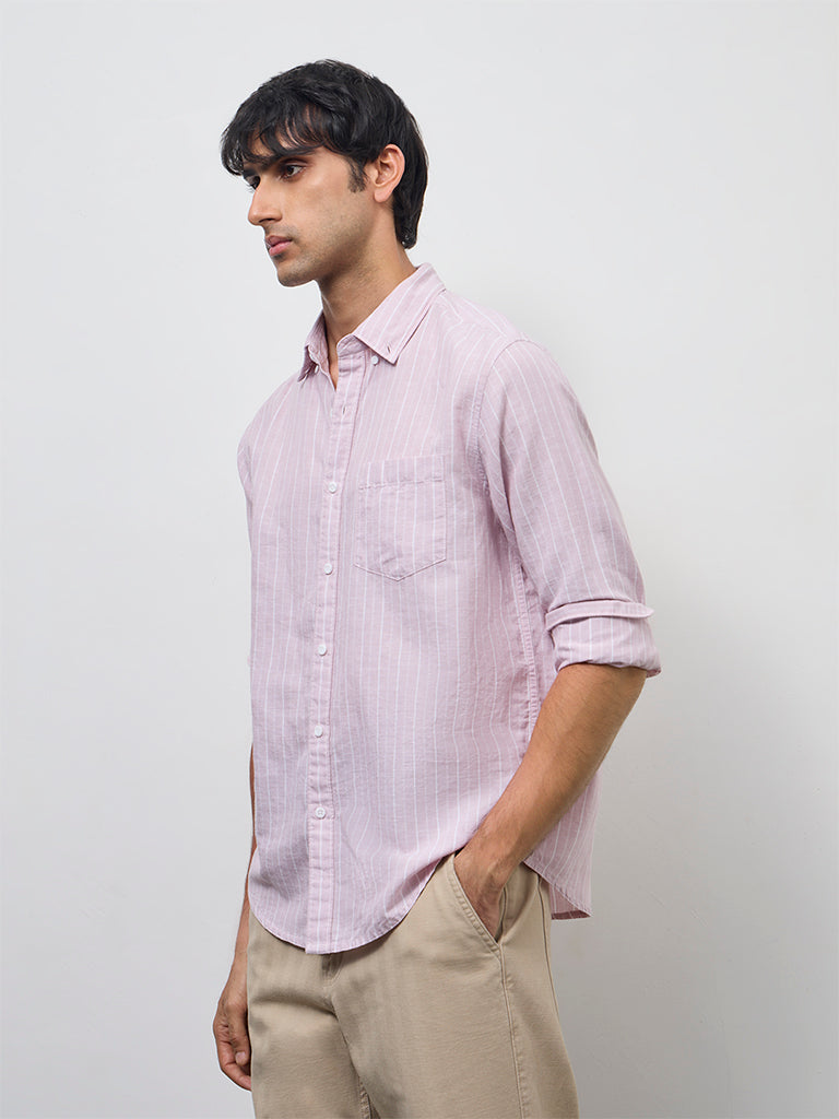 WES Casuals Pink Striped Relaxed-Fit Cotton-Blend Shirt