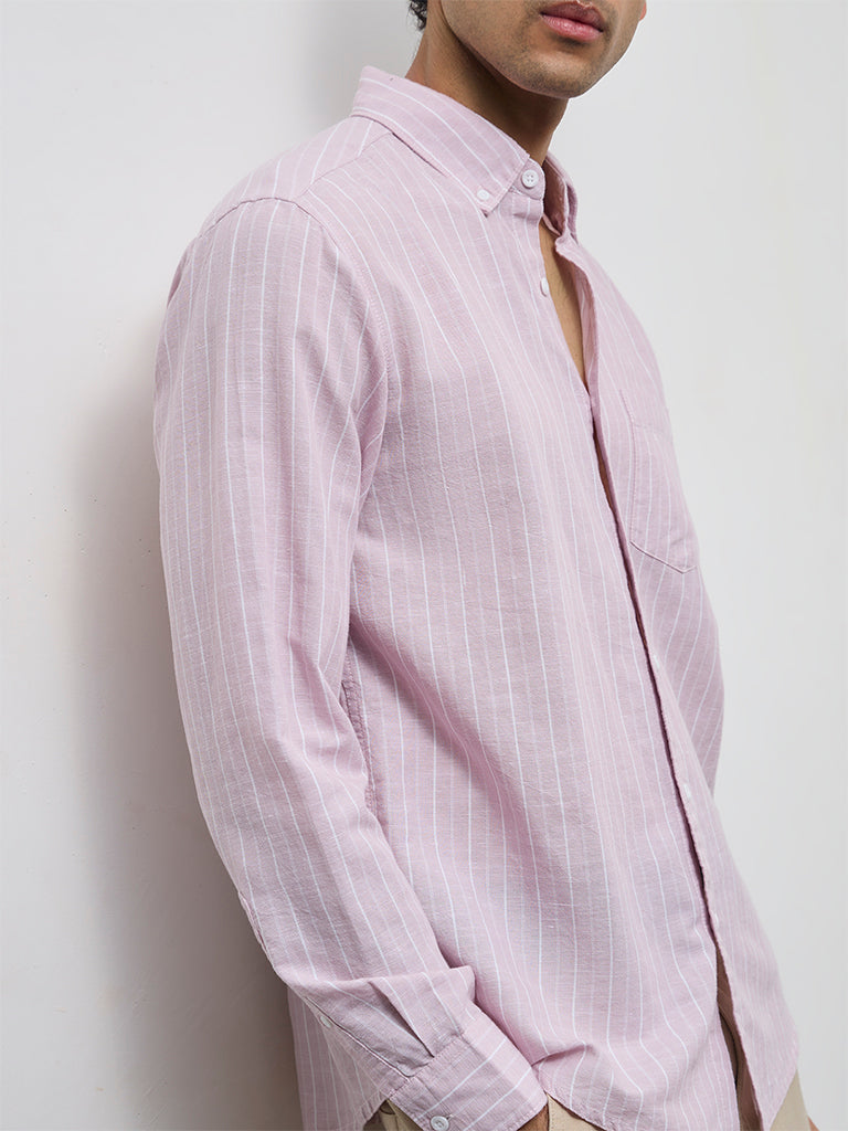 WES Casuals Pink Striped Relaxed-Fit Cotton-Blend Shirt