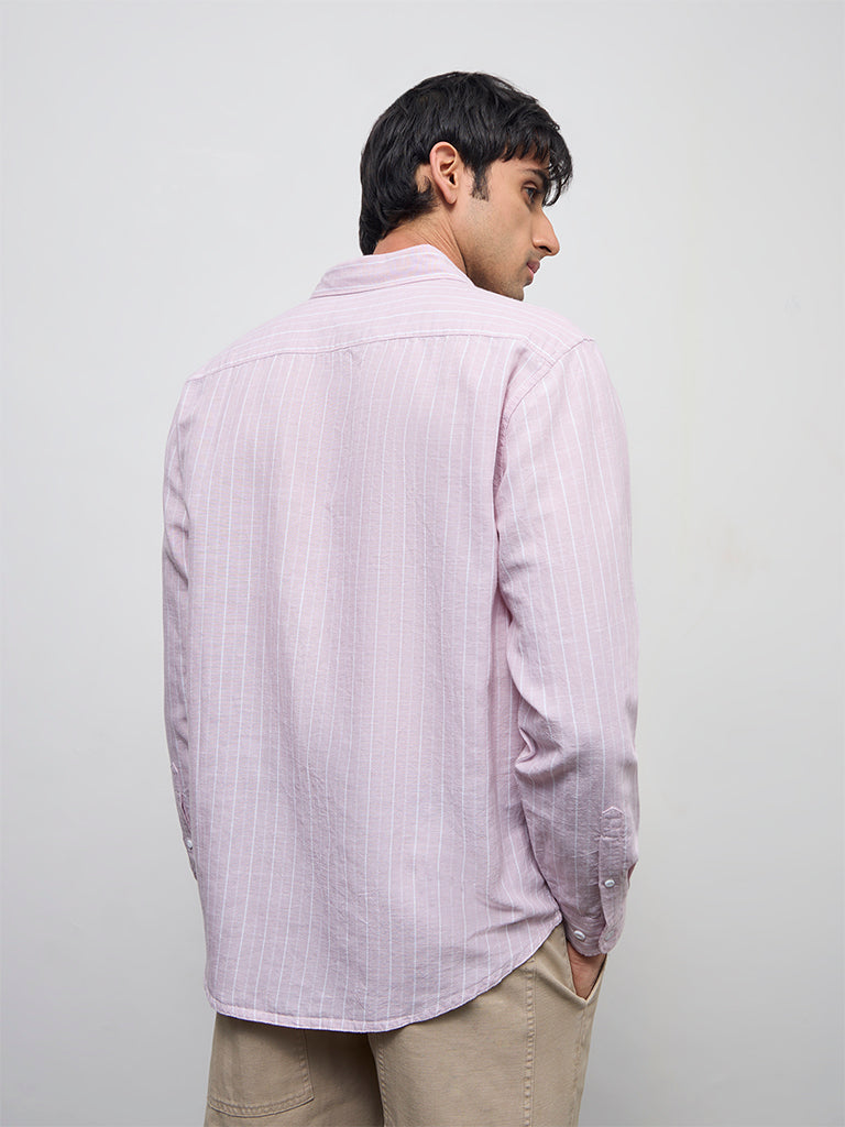 WES Casuals Pink Striped Relaxed-Fit Cotton-Blend Shirt