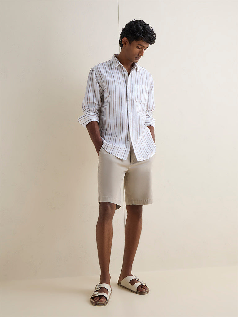 WES Casuals Off-White Striped Relaxed-Fit Cotton-Blend Shirt