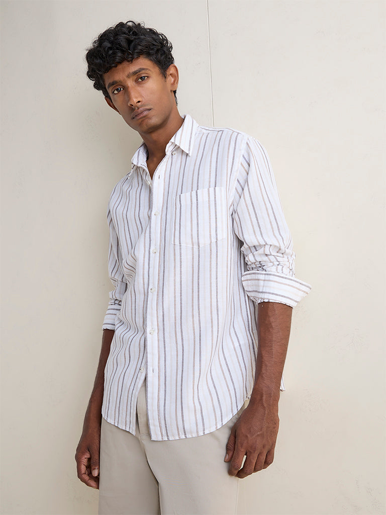 WES Casuals Off-White Striped Relaxed-Fit Cotton-Blend Shirt