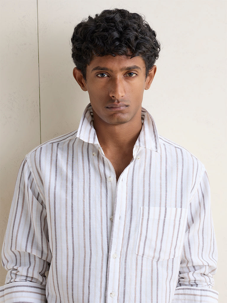WES Casuals Off-White Striped Relaxed-Fit Cotton-Blend Shirt