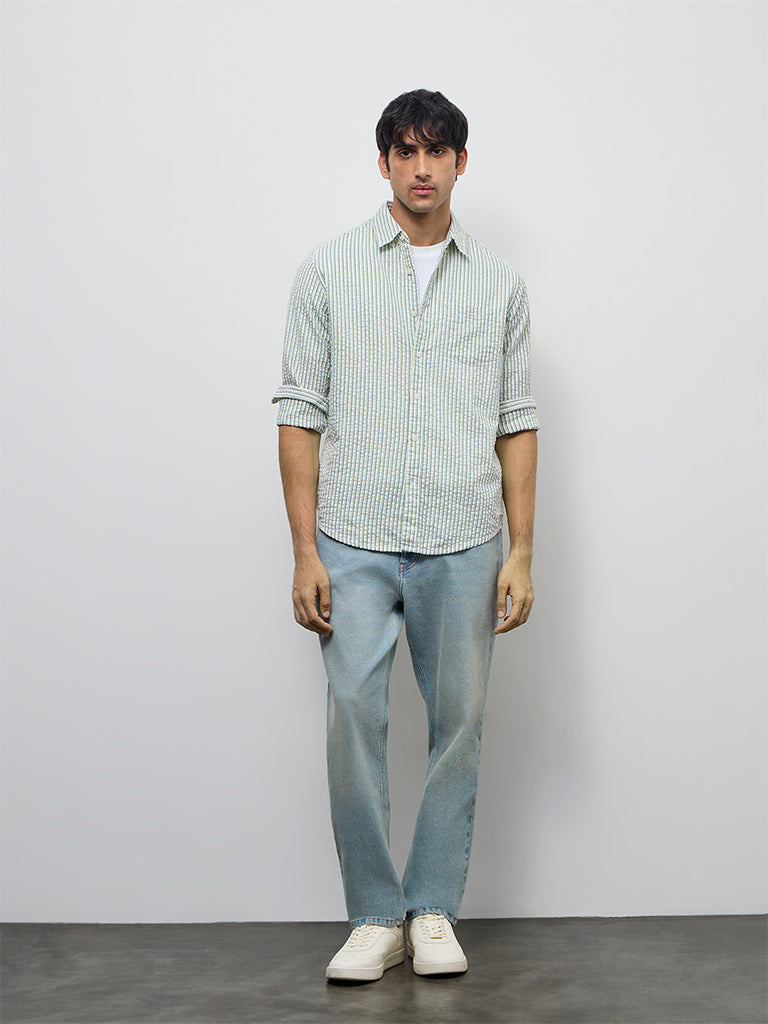 WES Casuals Lime Seersucker Striped Relaxed-Fit Cotton Shirt