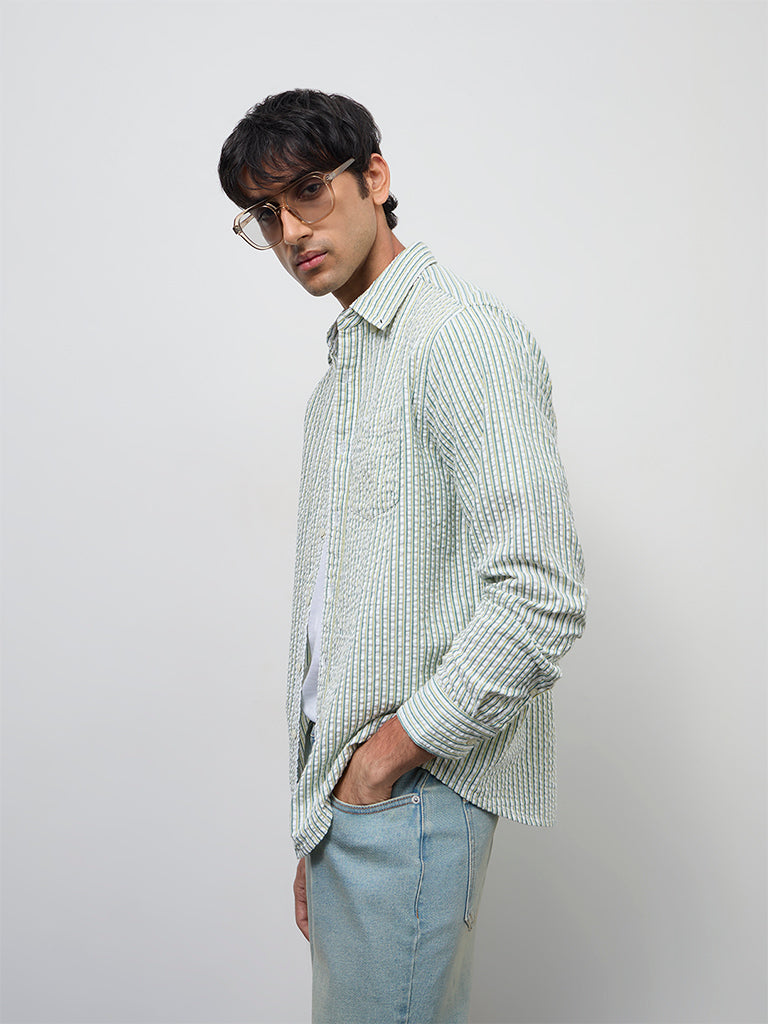 WES Casuals Lime Seersucker Striped Relaxed-Fit Cotton Shirt