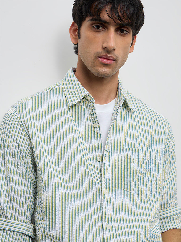 WES Casuals Lime Seersucker Striped Relaxed-Fit Cotton Shirt