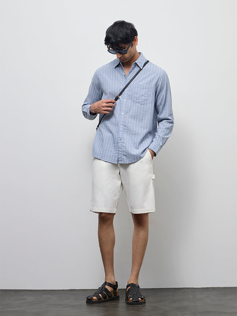 WES Casuals Dusty Blue Striped Relaxed-Fit Cotton Shirt